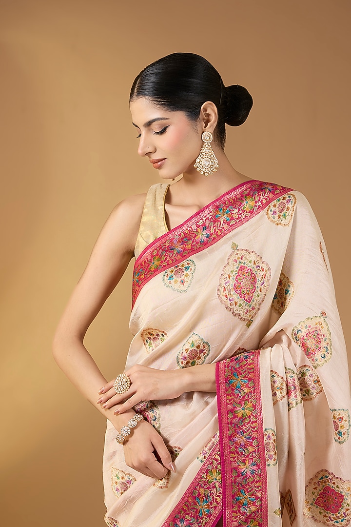 Cream Paper Silk Zari Work Party Wear Saree Set by NARMADESHWARI at Pernia's Pop Up Shop