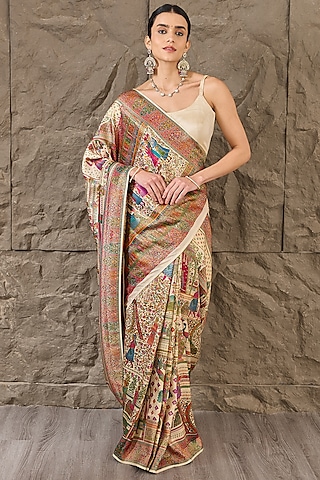 White Satin Silk Threadwork Handloom Saree Set by Narmadeshwari