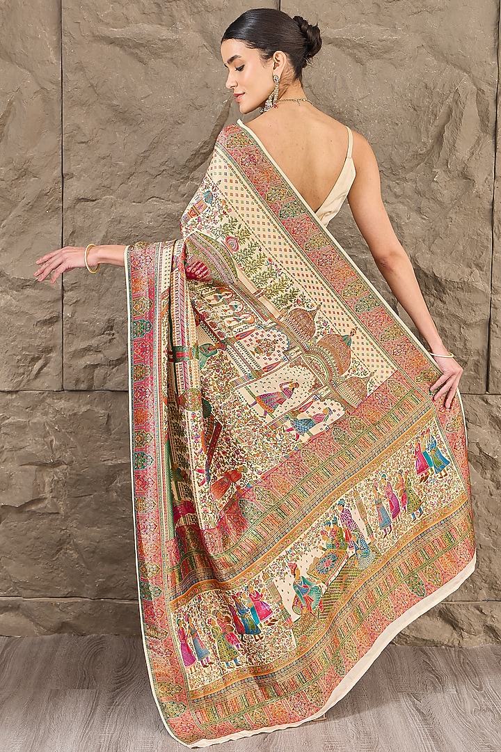 White Satin Silk Threadwork Handloom Party Wear Saree Set by Narmadeshwari at Pernia's Pop Up Shop