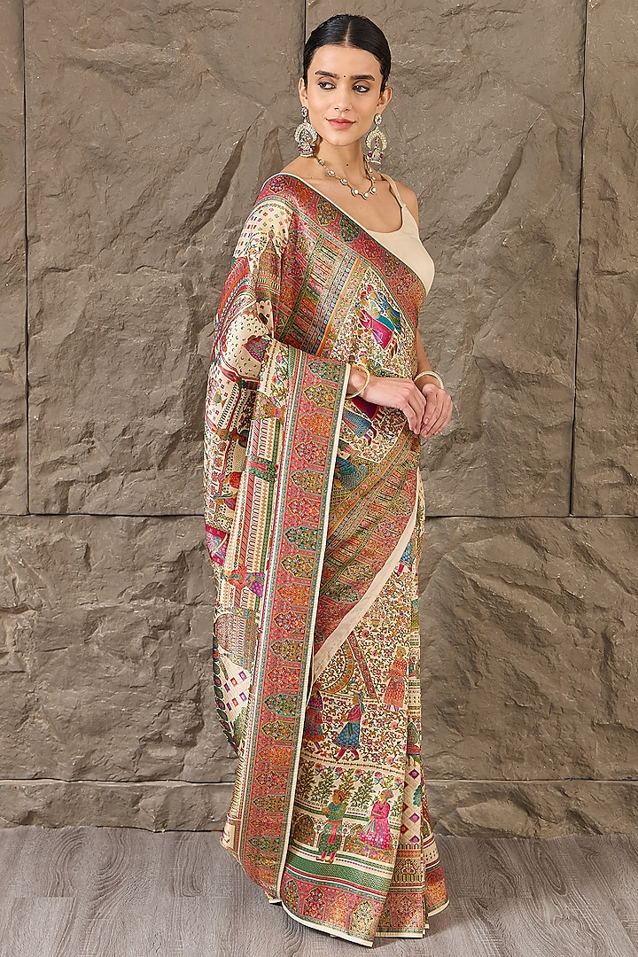 White Satin Silk Threadwork Handloom Party Wear Saree Set by Narmadeshwari at Pernia's Pop Up Shop