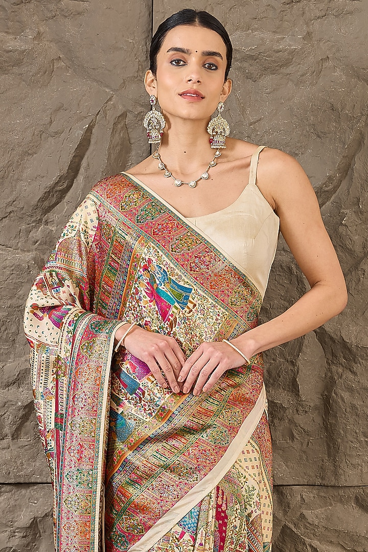 White Satin Silk Threadwork Handloom Party Wear Saree Set by Narmadeshwari at Pernia's Pop Up Shop