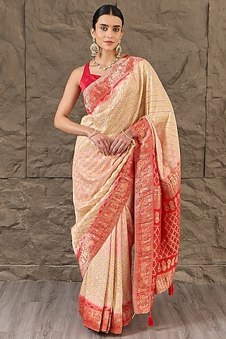 Ivory Crepe Gharchola Saree Set by Narmadeshwari