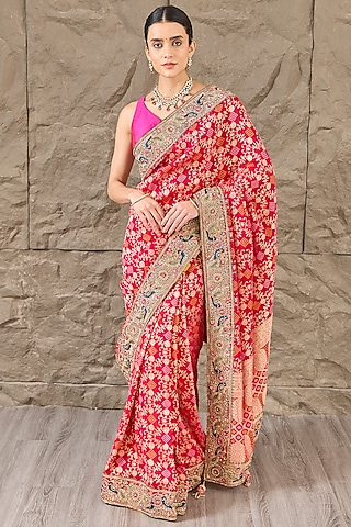 Coral Pink Georgette Zari Work Khadi Gharchola Saree Set by Narmadeshwari