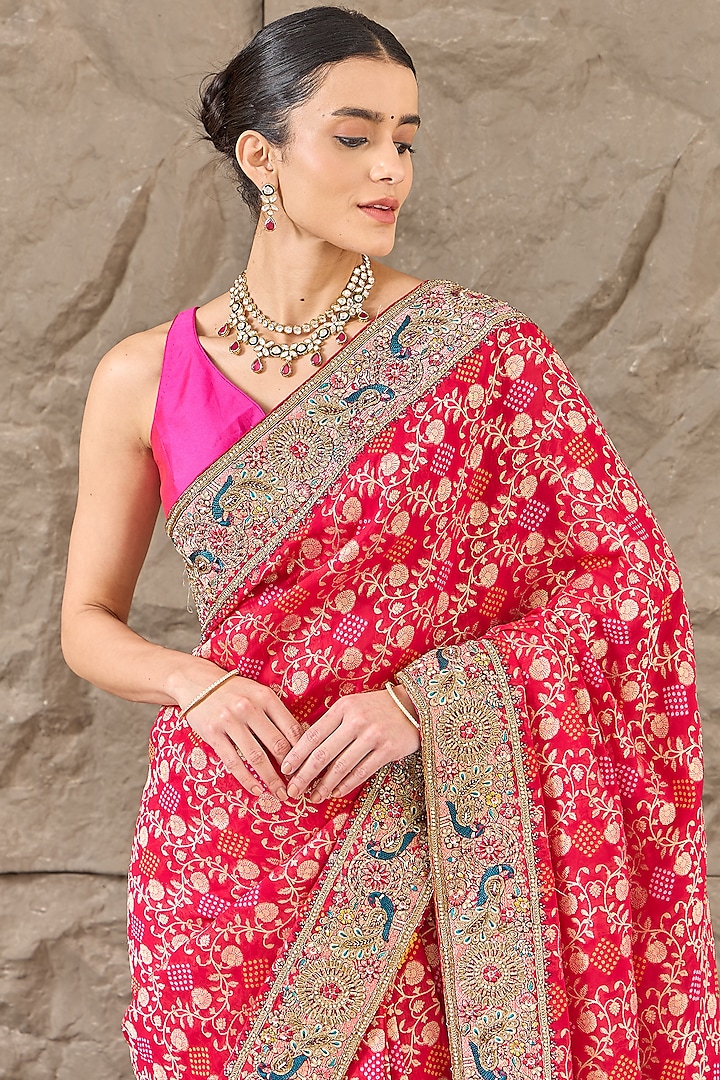 Coral Pink Georgette Zari Work Khadi Gharchola Party Wear Saree Set by Narmadeshwari at Pernia's Pop Up Shop