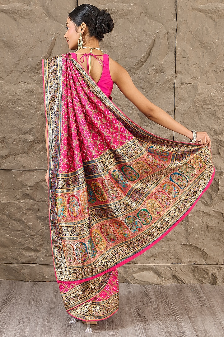 Fuchsia Silk Jamdani Work Festive Saree Set by Narmadeshwari at Pernia's Pop Up Shop