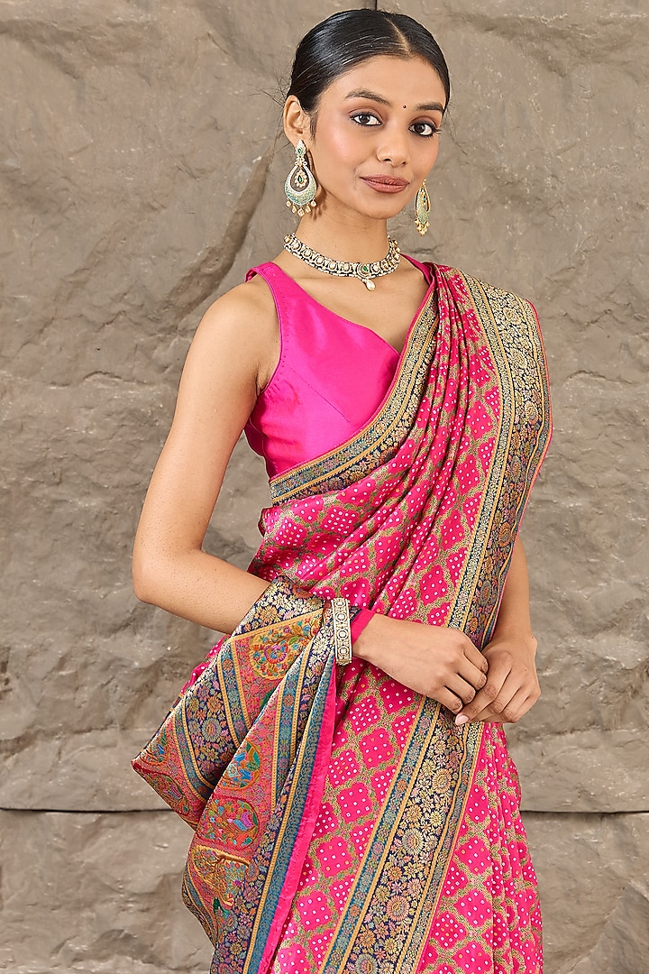 Fuchsia Silk Jamdani Work Festive Saree Set by Narmadeshwari at Pernia's Pop Up Shop