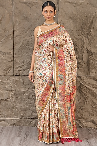 Ivory Satin Jamawar Work Saree Set by Narmadeshwari