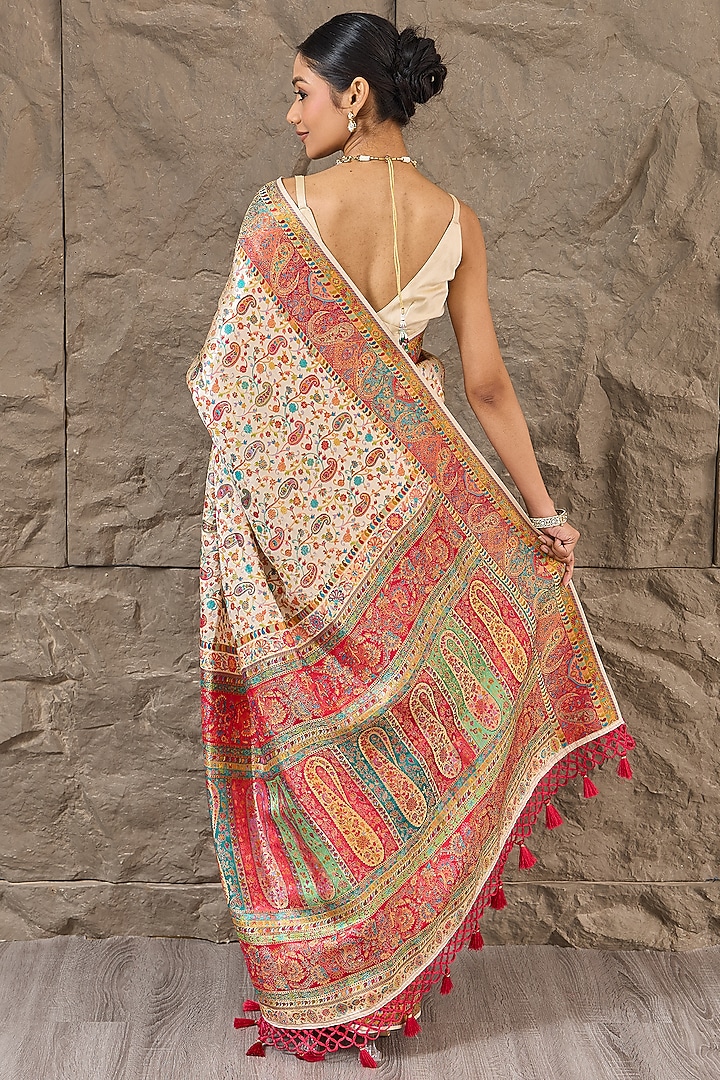 Ivory Satin Jamawar Work Party Wear Saree Set by Narmadeshwari at Pernia's Pop Up Shop