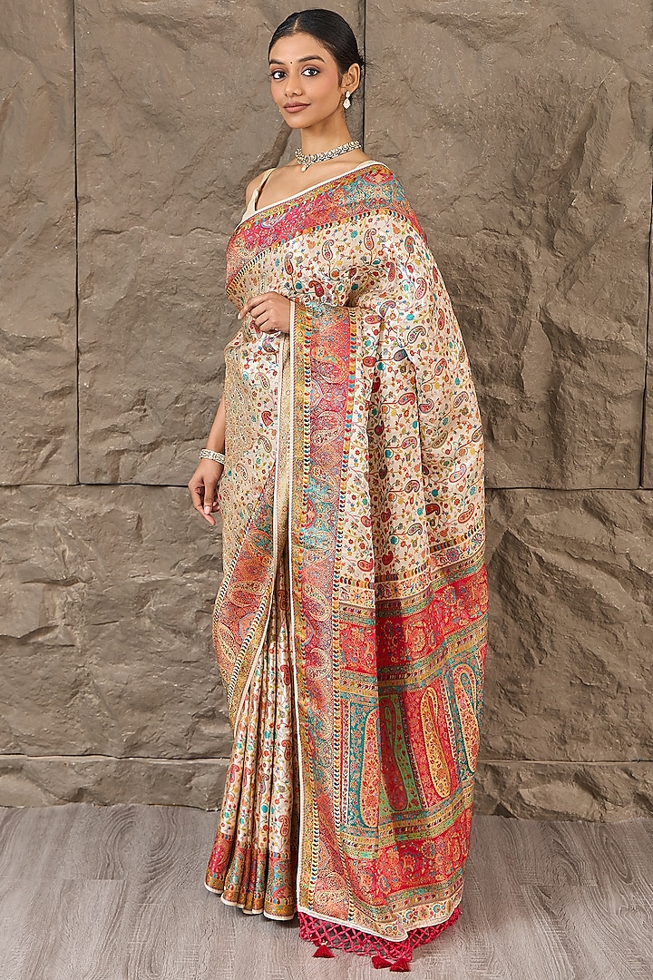 Ivory Satin Jamawar Work Party Wear Saree Set by Narmadeshwari at Pernia's Pop Up Shop