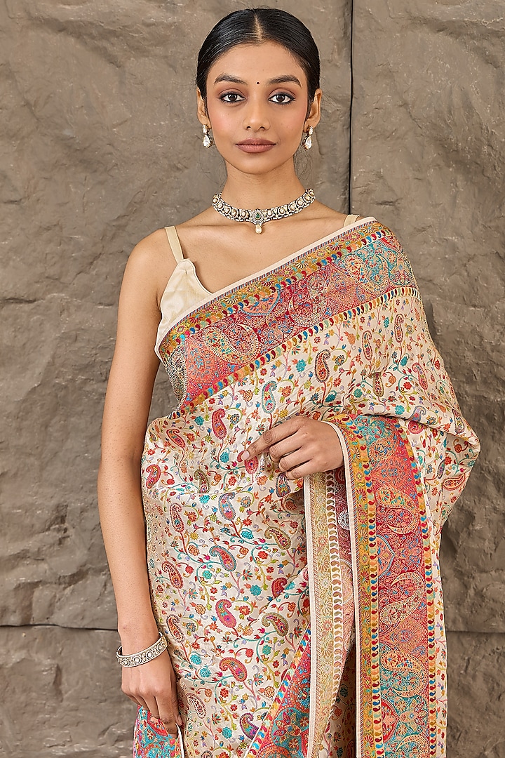Ivory Satin Jamawar Work Party Wear Saree Set by Narmadeshwari at Pernia's Pop Up Shop