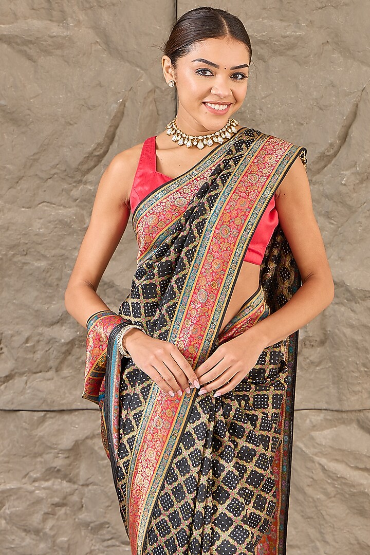 Black Silk Jamdani Work Festive Saree Set by Narmadeshwari at Pernia's Pop Up Shop