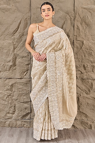 Cream Tissue Organza Pearl Work Saree Set by Narmadeshwari
