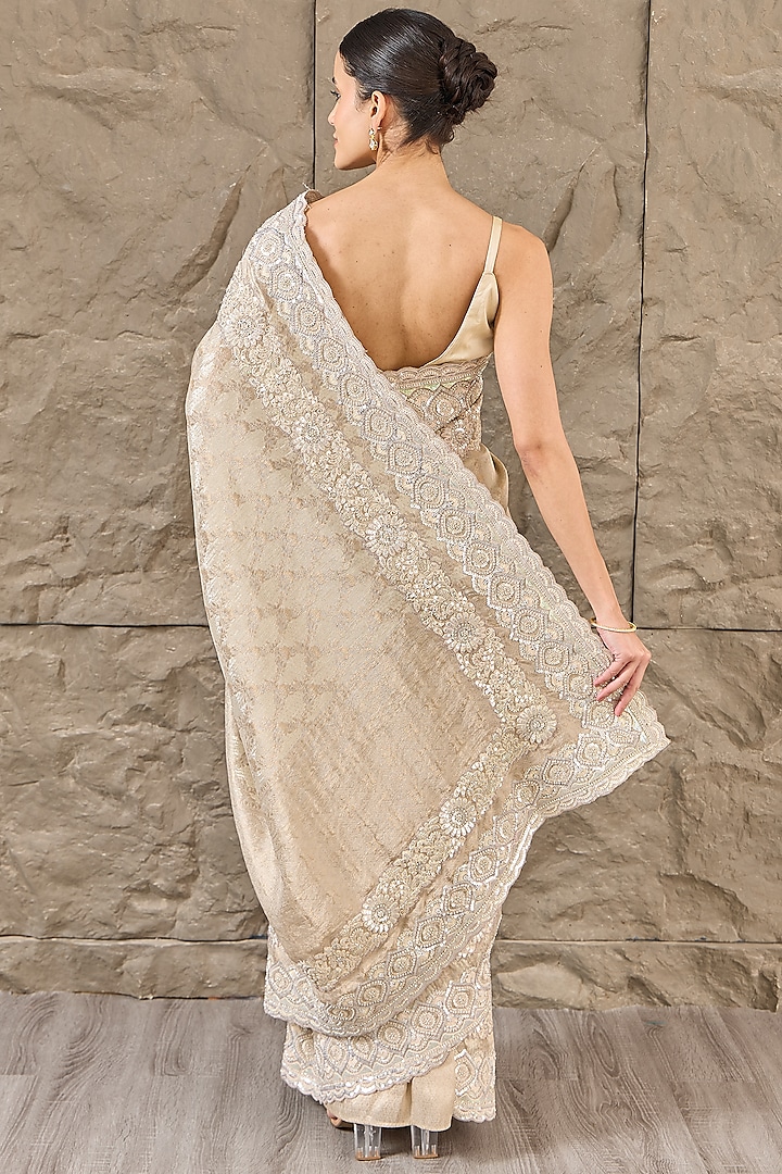Cream Tissue Organza Pearl Work Wedding Saree Set by Narmadeshwari at Pernia's Pop Up Shop