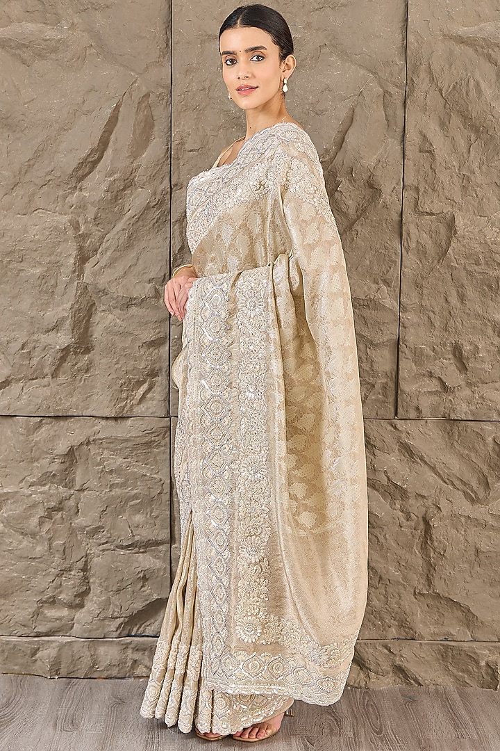 Cream Tissue Organza Pearl Work Wedding Saree Set by Narmadeshwari at Pernia's Pop Up Shop
