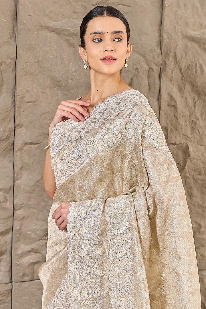 Cream Tissue Organza Pearl Work Wedding Saree Set by Narmadeshwari at Pernia's Pop Up Shop