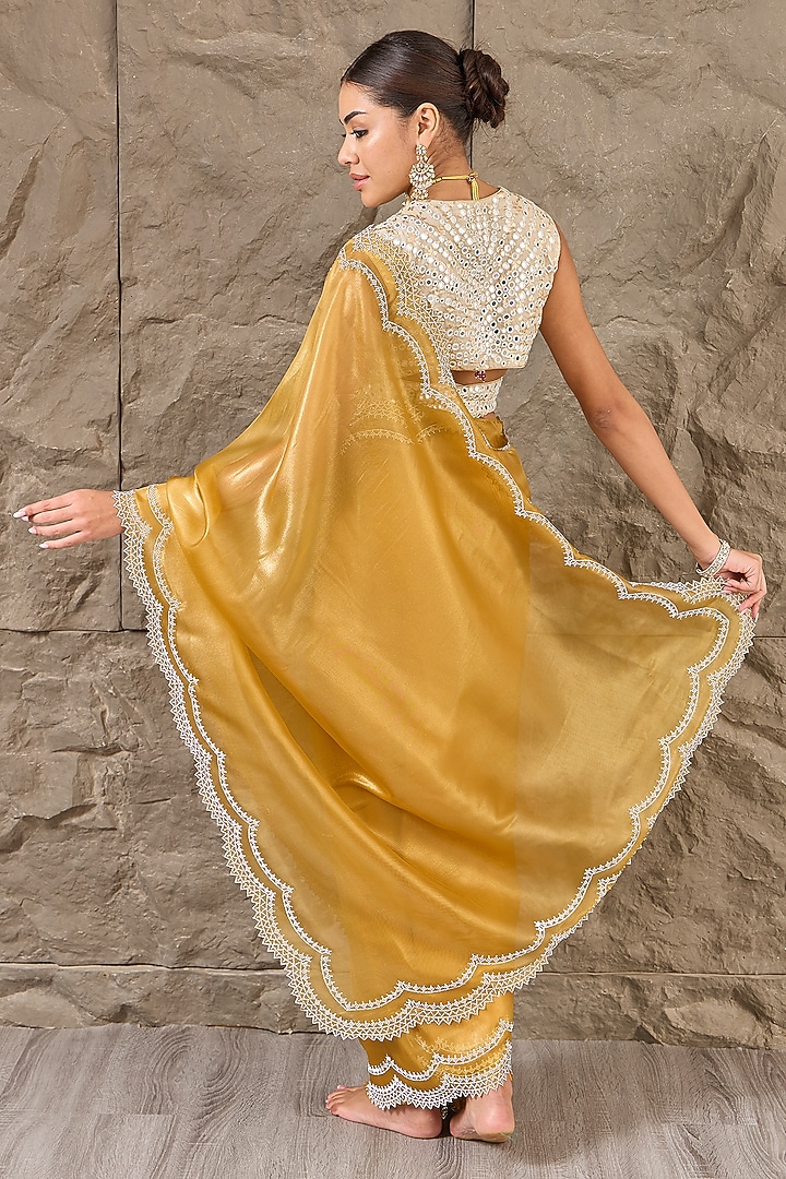 Mustard Chiffon Cutwork Festive Saree Set by Narmadeshwari at Pernia's Pop Up Shop