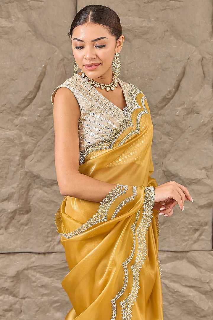 Mustard Chiffon Cutwork Festive Saree Set by Narmadeshwari at Pernia's Pop Up Shop