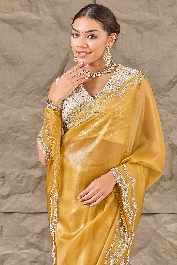 Mustard Chiffon Cutwork Festive Saree Set by Narmadeshwari at Pernia's Pop Up Shop