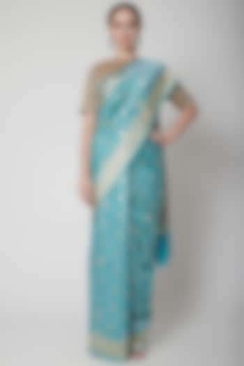 Turquoise Saree With Hand Embroidery by NARMADESHWARI