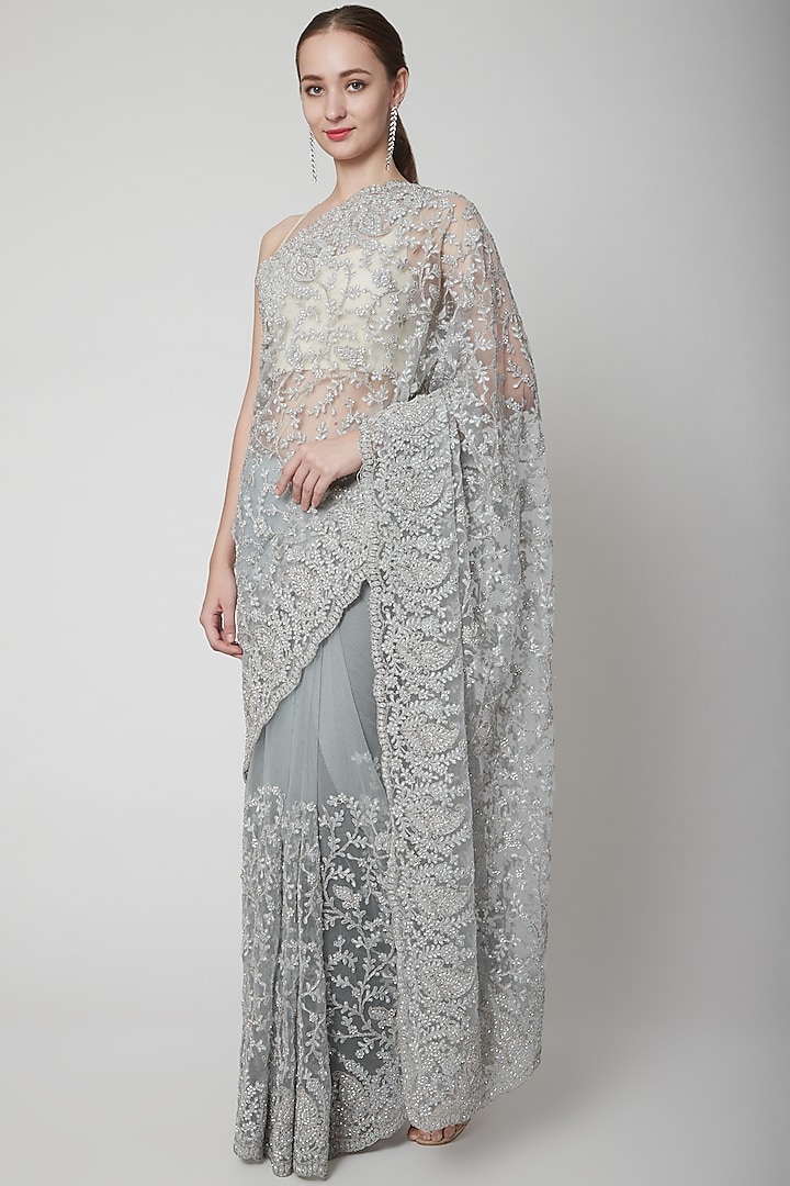 Grey Saree With Resham Embroidery by NARMADESHWARI