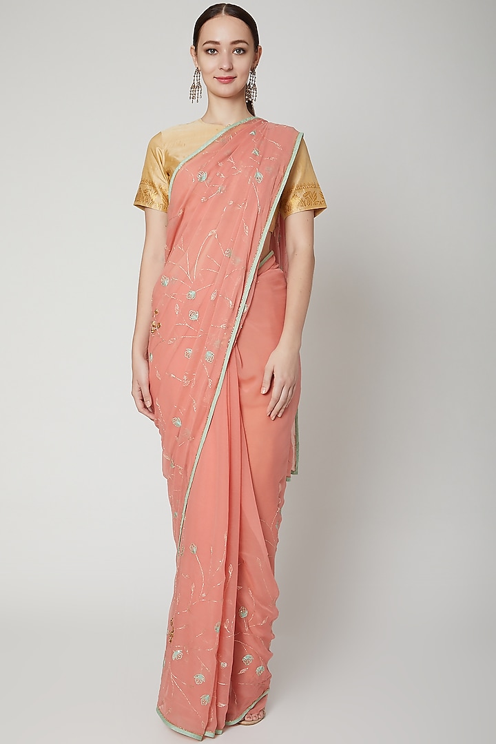 Peach Embroidered Saree by NARMADESHWARI at Pernia's Pop Up Shop