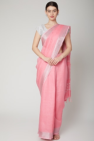 Peach Linen Saree by NARMADESHWARI