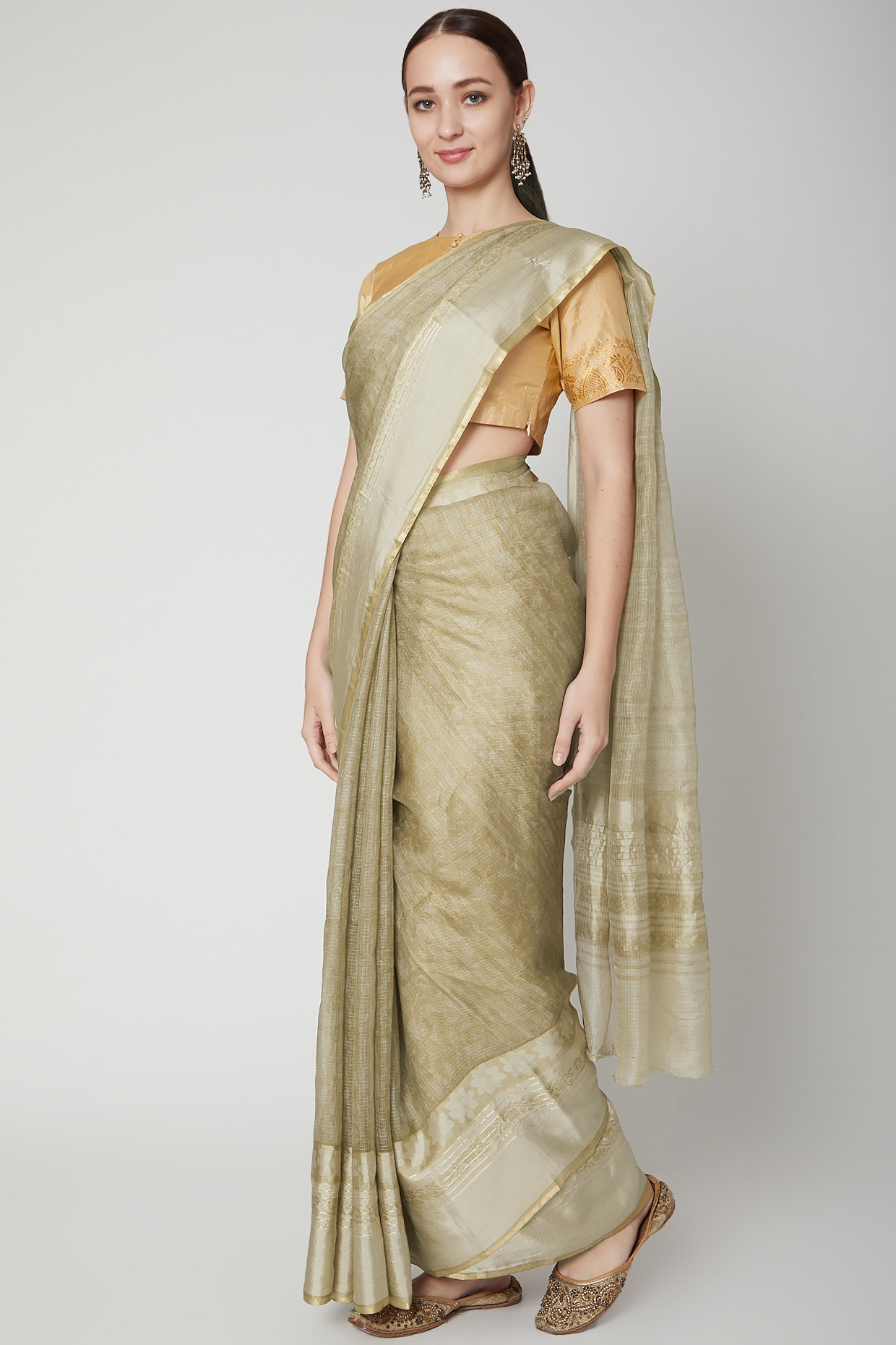 Handwoven Rust Kosa Saree with Gold and Silver Details – Kosala