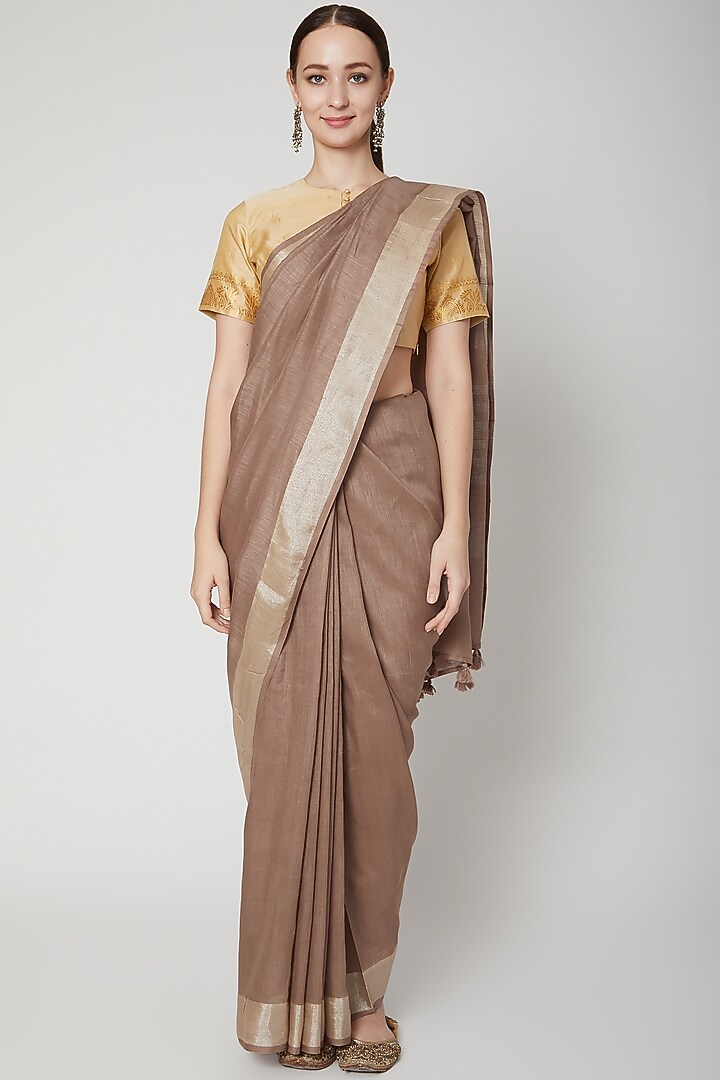 Brown Saree With Zari Border by NARMADESHWARI at Pernia's Pop Up Shop