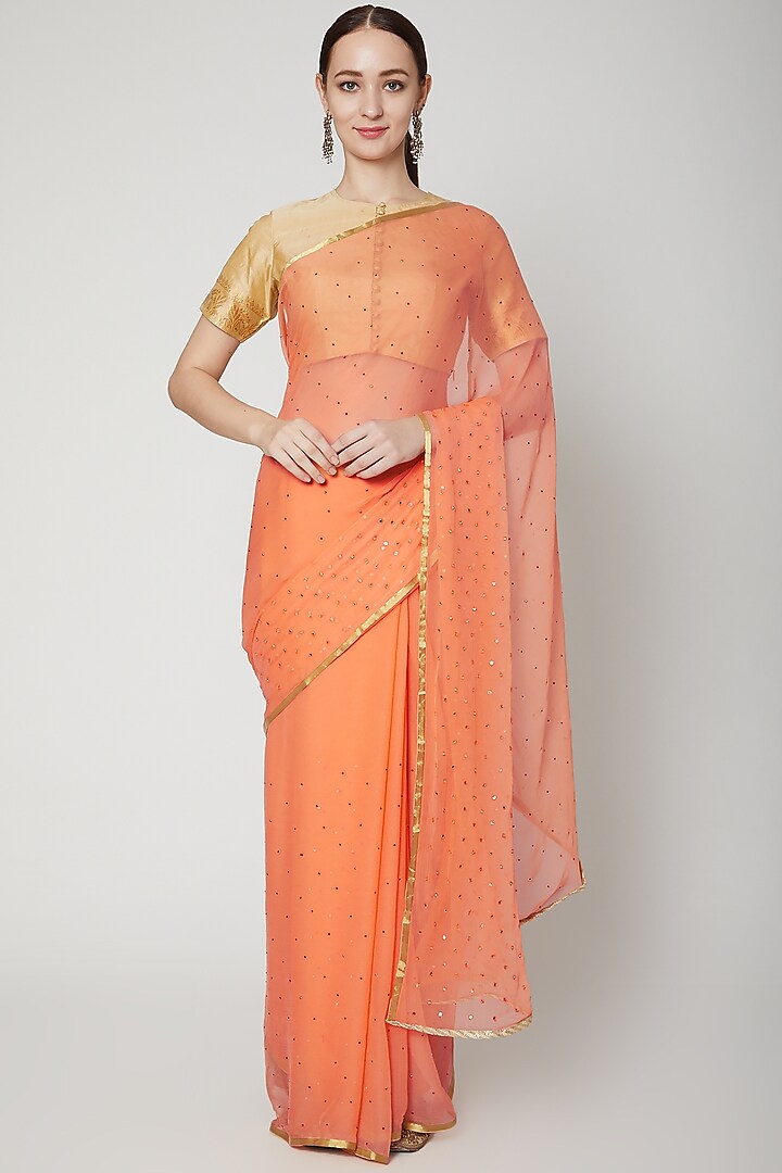 Peach Embroidered Chiffon Saree by NARMADESHWARI at Pernia's Pop Up Shop