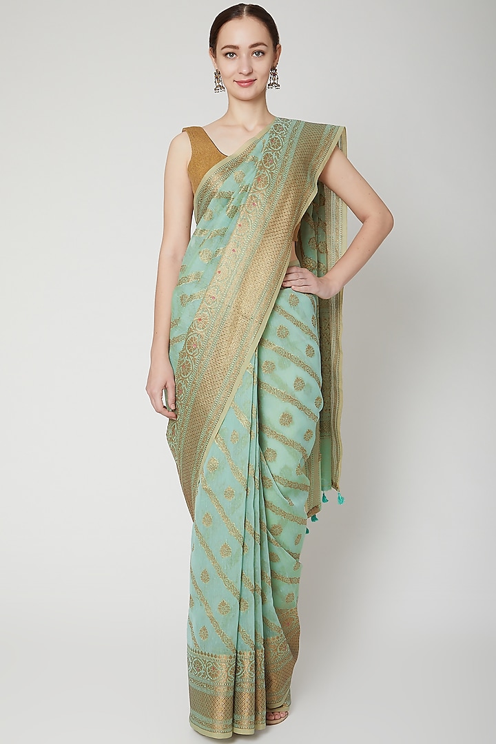 Olive Green Chanderi Cotton Saree by NARMADESHWARI at Pernia's Pop Up Shop