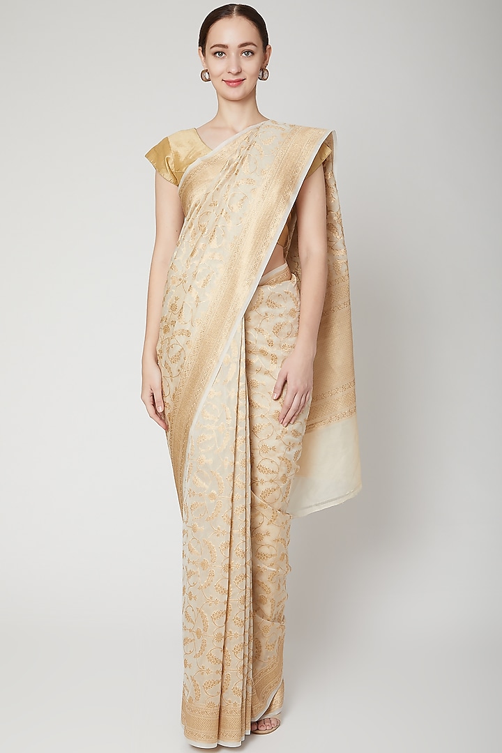 Gold Woven Silk Saree by NARMADESHWARI