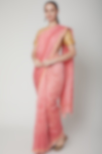 Peach Linen Embroidered Saree by NARMADESHWARI at Pernia's Pop Up Shop