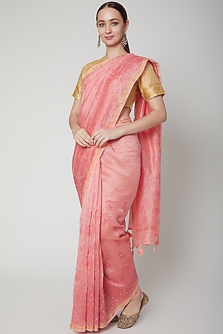Peach Linen Embroidered Saree by NARMADESHWARI