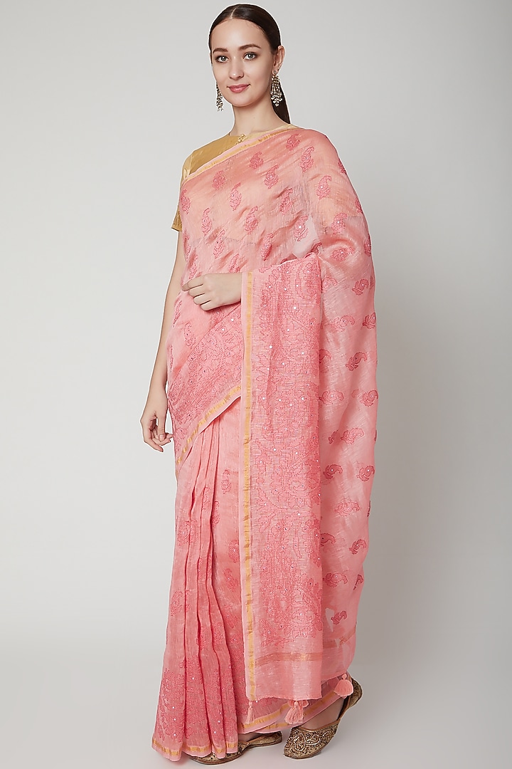 Peach Linen Embroidered Festive Saree by NARMADESHWARI at Pernia's Pop Up Shop