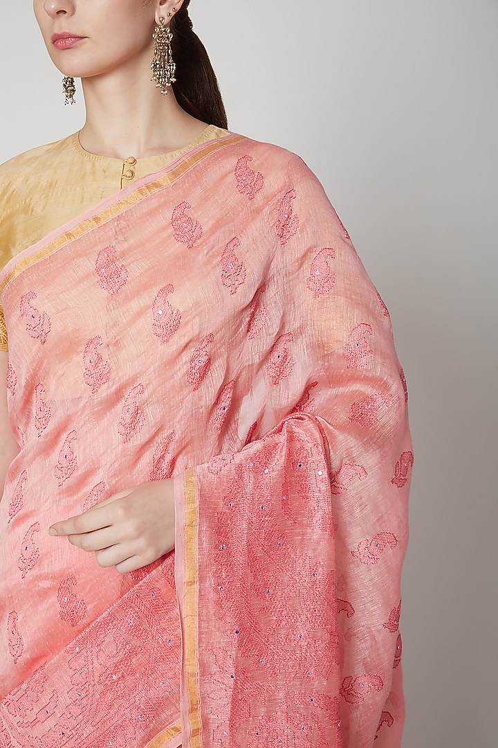 Peach Linen Embroidered Festive Saree by NARMADESHWARI at Pernia's Pop Up Shop
