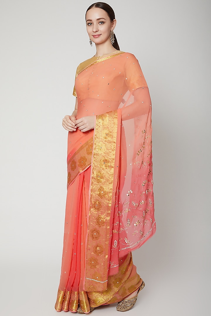 Peach Chiffon Embroidered Saree by NARMADESHWARI at Pernia's Pop Up Shop