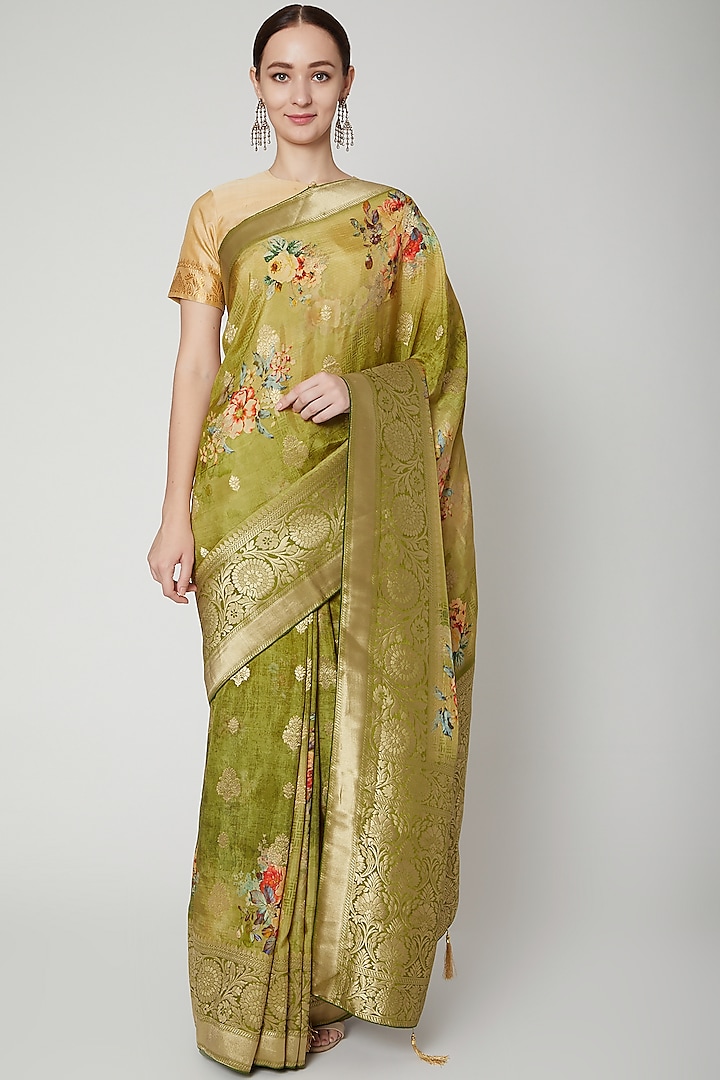 Mehendi Green Printed Saree by NARMADESHWARI