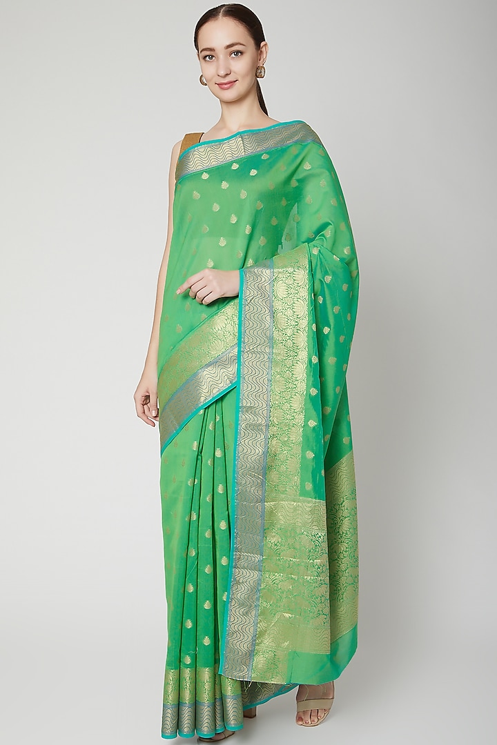 Emerald Green Cotton Saree by NARMADESHWARI