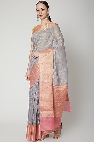 Grey Saree In Linen Base by NARMADESHWARI