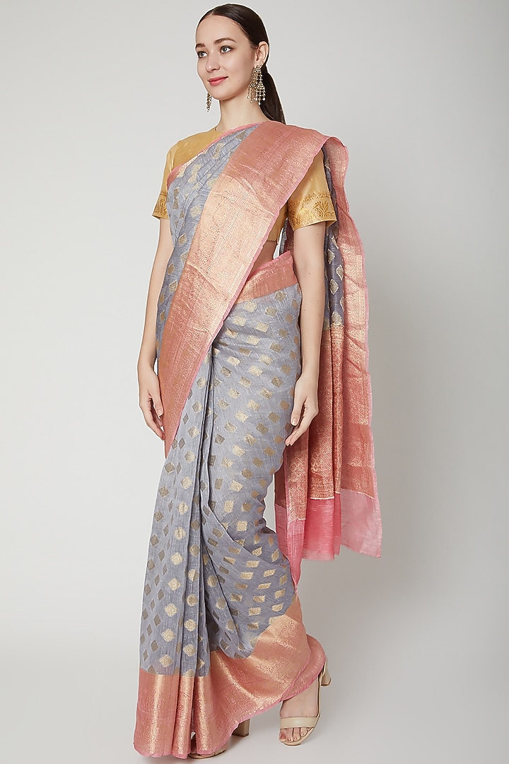 Grey Festive Saree In Linen Base by NARMADESHWARI at Pernia's Pop Up Shop