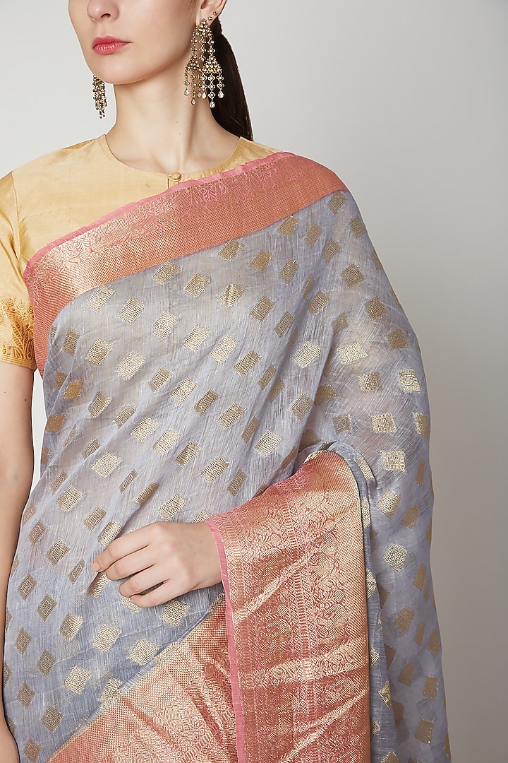 Grey Festive Saree In Linen Base by NARMADESHWARI at Pernia's Pop Up Shop