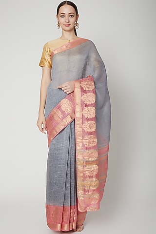 Grey Saree In Linen by NARMADESHWARI