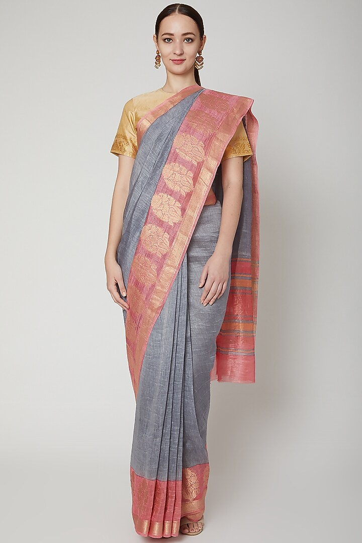 Grey Festive Saree In Linen by NARMADESHWARI at Pernia's Pop Up Shop