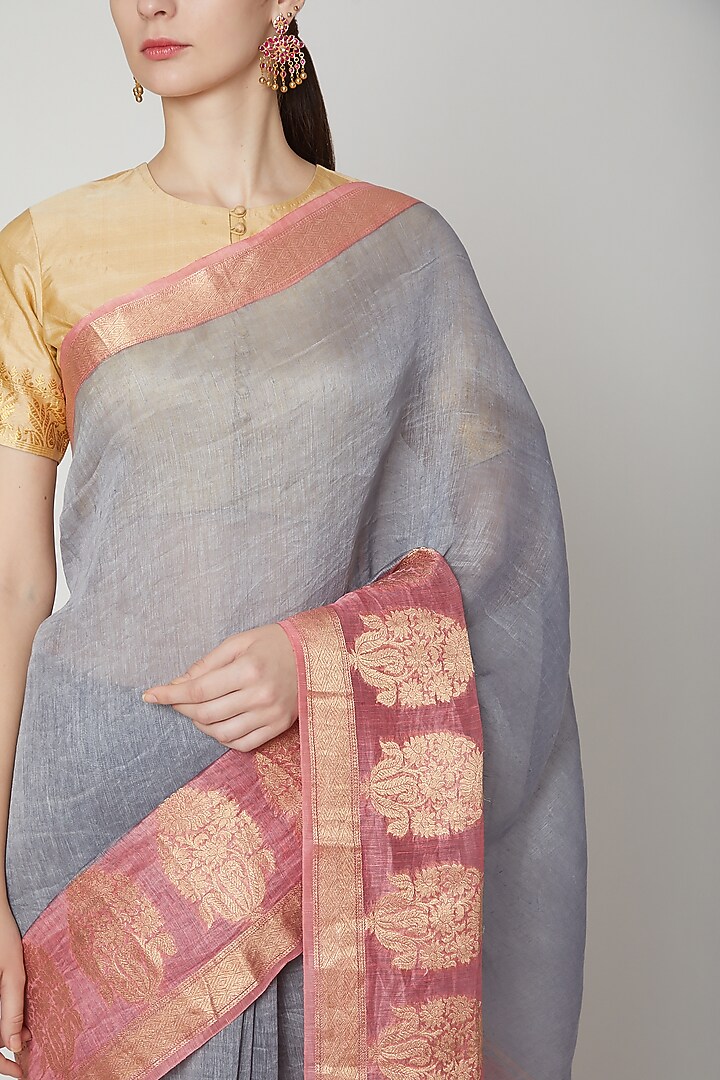 Grey Festive Saree In Linen by NARMADESHWARI at Pernia's Pop Up Shop