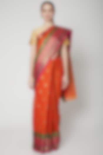 Orange Saree With Zari Border by NARMADESHWARI