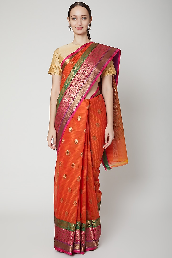 Orange Saree With Zari Border by NARMADESHWARI at Pernia's Pop Up Shop