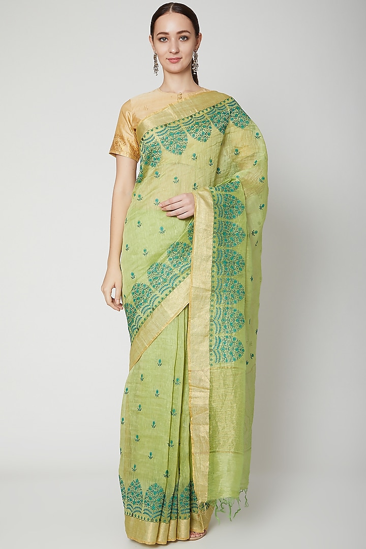 Mint Green Embroidered Saree by NARMADESHWARI