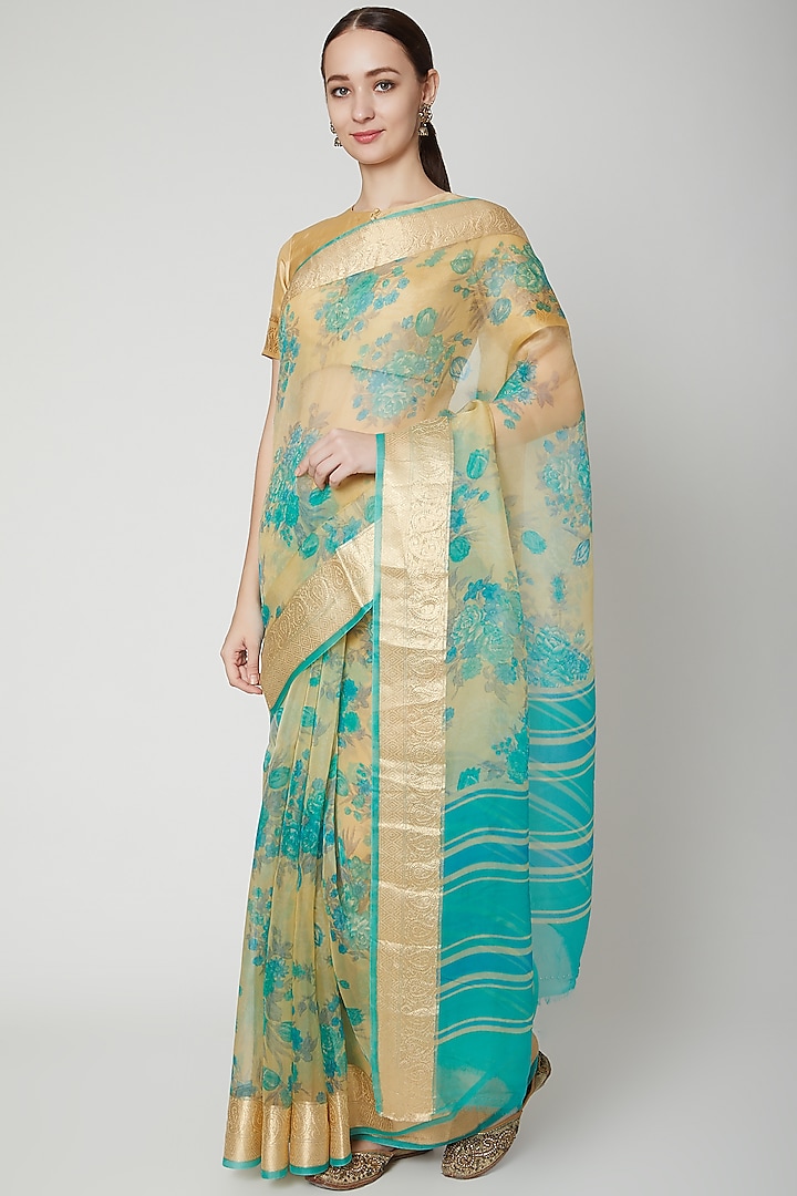 Gold Kora Silk Printed Saree by NARMADESHWARI