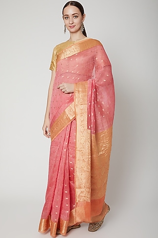 Peach Linen Saree by NARMADESHWARI
