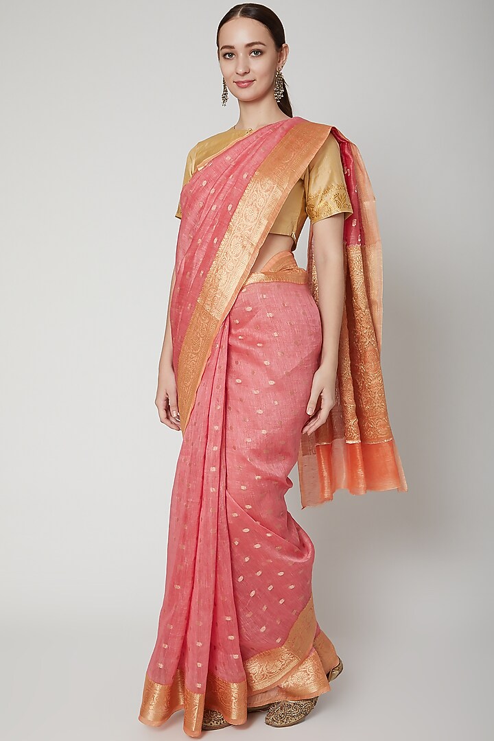 Peach Linen Festive Saree by NARMADESHWARI at Pernia's Pop Up Shop